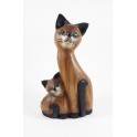 Chat et son Petit assis sculpté en bois de Suar - 30x17