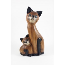 Chat et son Petit assis sculpté en bois de Suar - 30x17