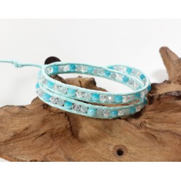 Bracelet Ethnique 2 Tours Bleu, Cristaux et Oeil de Chat, - BR080