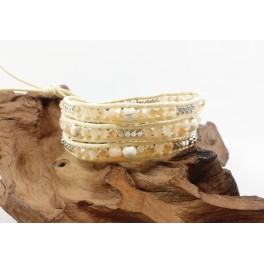 Bracelet Ethnique 3 Tours Crème, Cristaux et Howlite - BR082