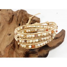 Bracelet Ethnique 3 Tours Beige, Cristaux, Howlite et Agate - BR084