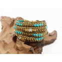 Bracelet Ethnique 4 Tours Marron, Perle de laiton, Turquoise - BR085