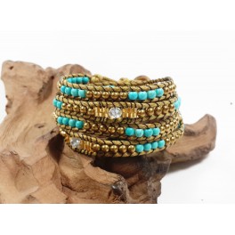 Bracelet Ethnique 4 Tours Marron, Perle de laiton, Turquoise - BR085