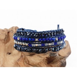 Bracelet Ethnique 4 Tours Bleu, Cristaux et Pierres - BR087