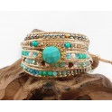 Bracelet Ethnique 5 Tours Beige, Cristaux et Turquoise - BR089