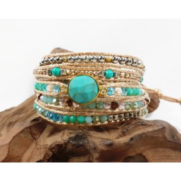 Bracelet Ethnique 5 Tours Beige, Cristaux et Turquoise - BR089