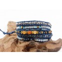 Bracelet Ethnique 5 Tours Bleu, Cristaux et Agate - BR091