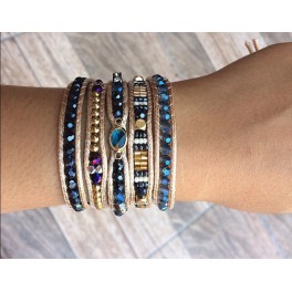 Bracelet Ethnique 5 Tours Beige, Cristaux et perles de laiton - BR092