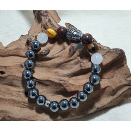 Bracelet de pierre Hématite, Oeil de tigre, taureau, Quartz rose et Tête de Bouddha 10 mm