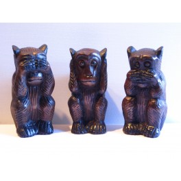 3 Singes noir de la sagesse sculpté en bois de Suar