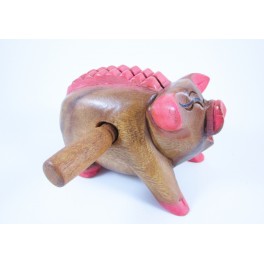 Cochon musical sculpté en bois de Suar 15 X 9
