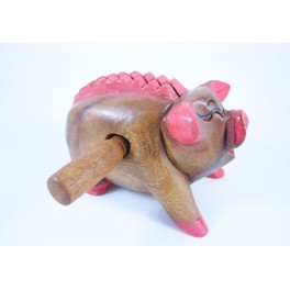 Cochon musical sculpté en bois de Suar 15 X 9