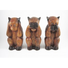 3 Singes de la sagesse sculpté en bois de Suar - 21 cm