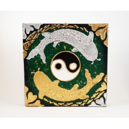 Tableau Carpe Koï Ying Yang Vert et Or / Argent - 30x30 - TB034